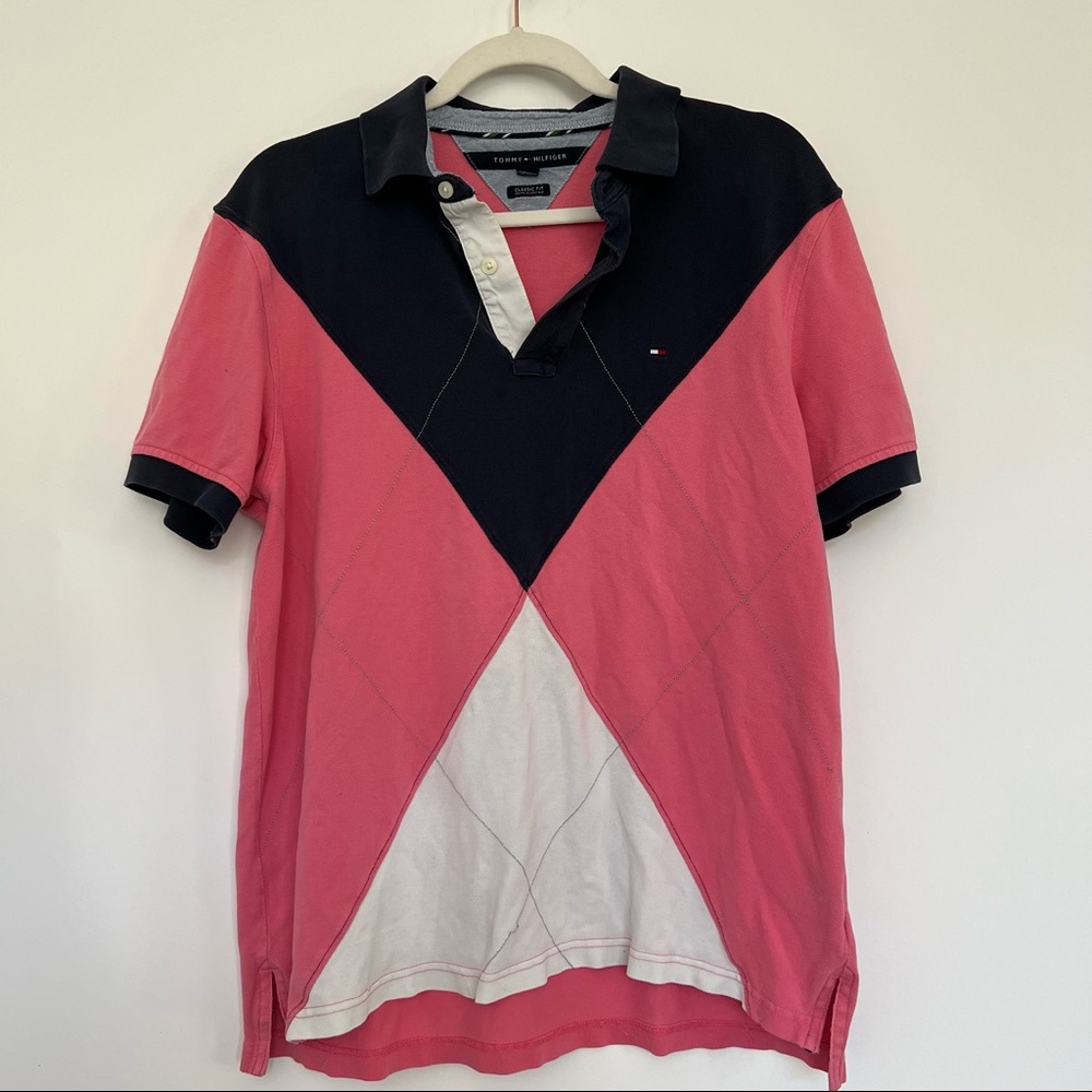 Pink And Navy Blue Polo With Collar And Tommy Hilfiger Logo